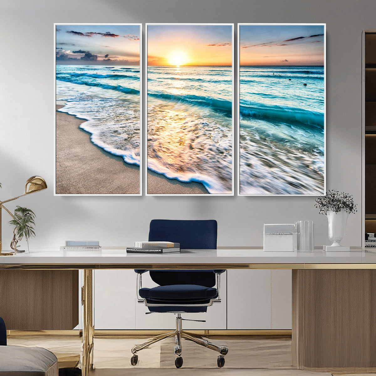 Sunset Beach Waves Canvas Wall Art – 5-Panel Ocean Sunset