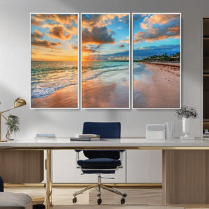 Sunset Ocean Waves on Tropical Beach, 3-Panel Giclee Canvas
