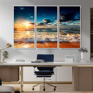 Golden Hour Sunset Over Ocean Waves Wall Art Canvas Print |