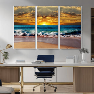 Ocean Sunrise Over Golden Beach Waves, Giclee Canvas Wall