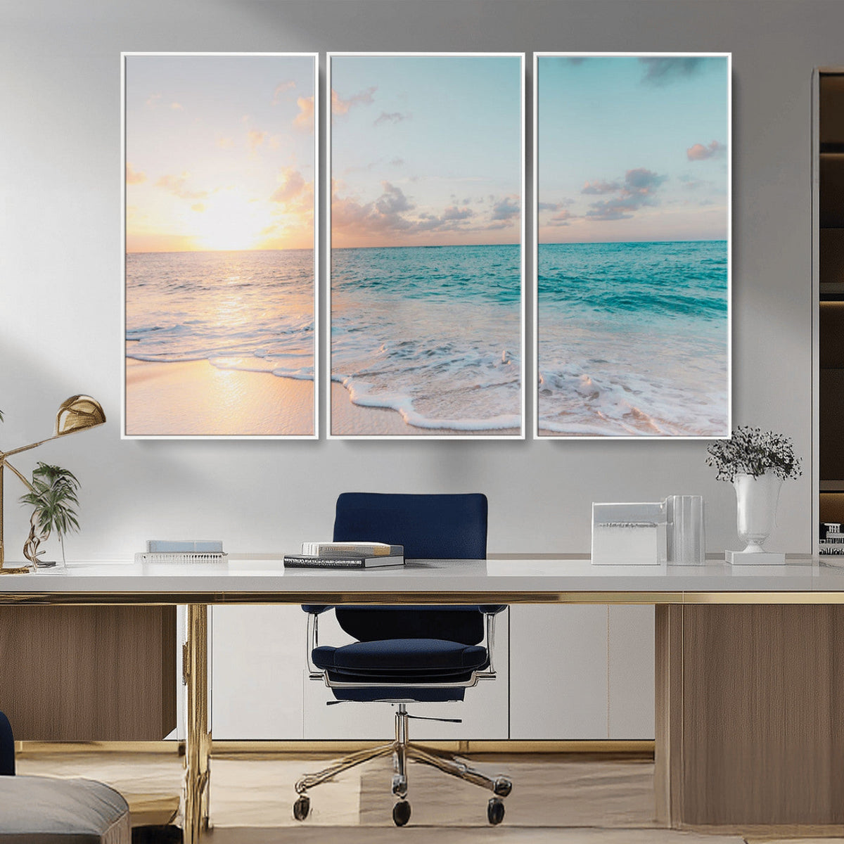 Tranquil Ocean Beach Sunset Canvas Wall Art | 3-Panel