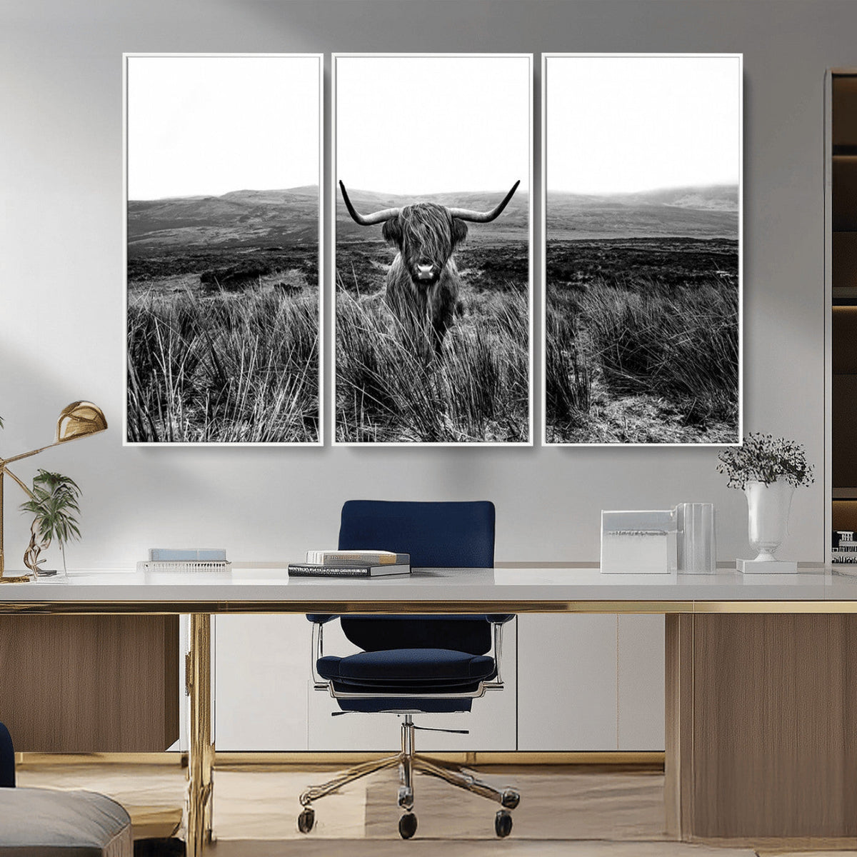 Black and White Highland Cow Canvas Wall Art, Longhorn