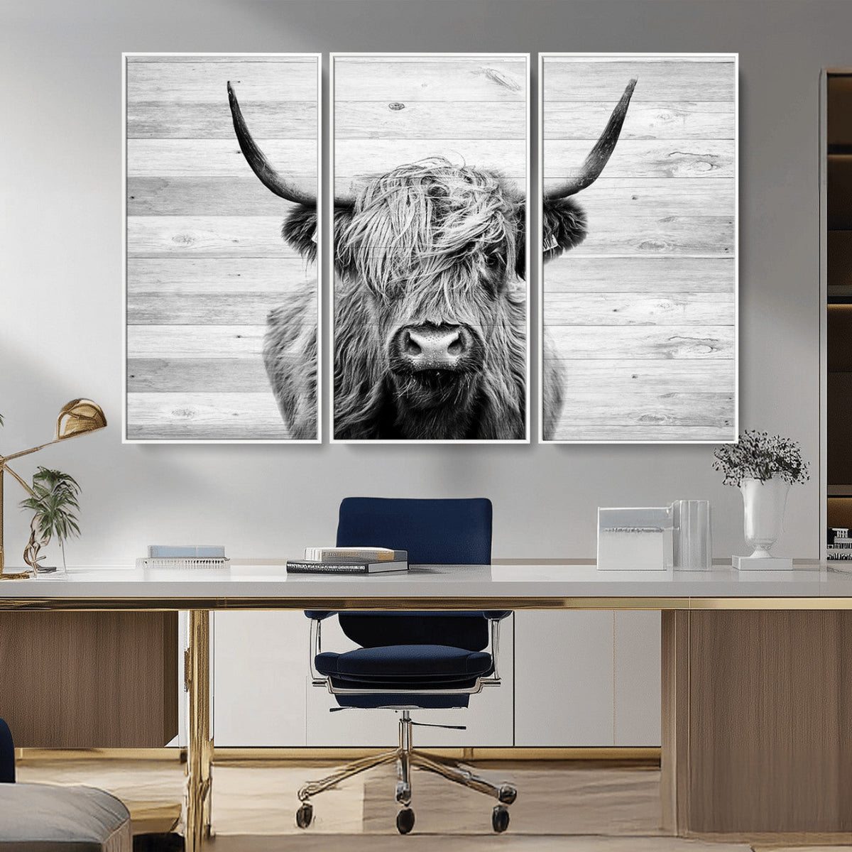 Scottish Highland Cow Cattle Art Print on Wood Background