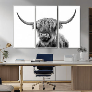 Grayscale Scottish Highland Cow Cattle Art Print Farmhouse