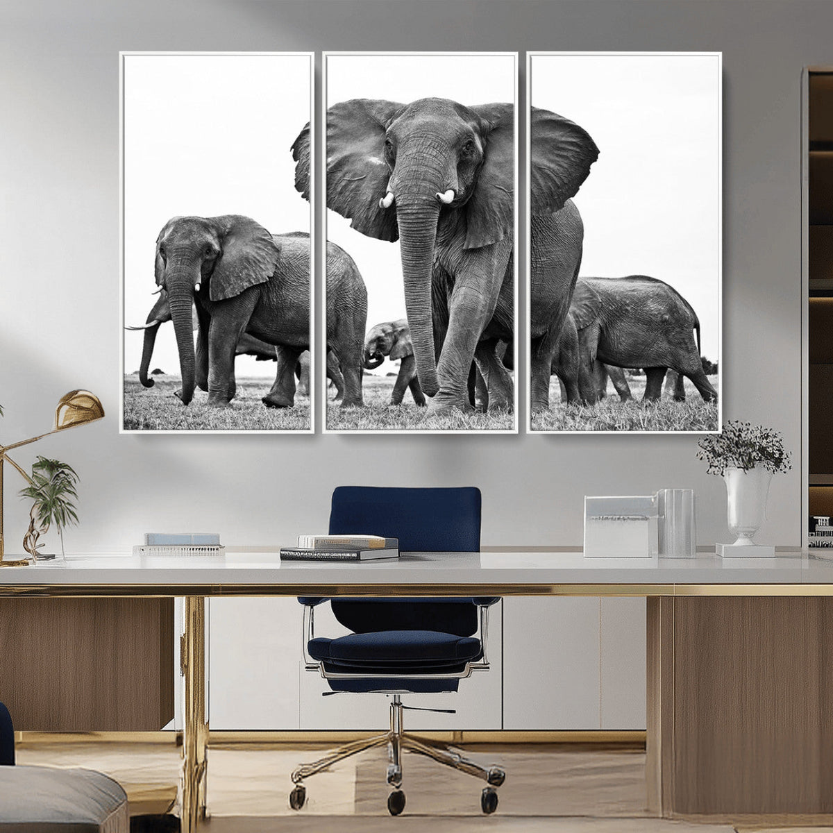 Black White Elephant Family Wall Art Canvas Print