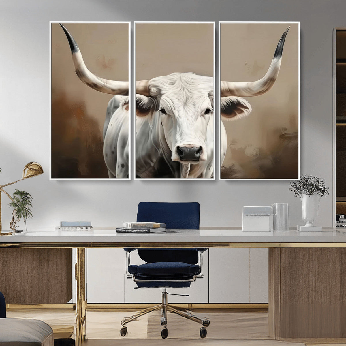 White Longhorn Bull Wall Art Canvas Print – Framed and Ready