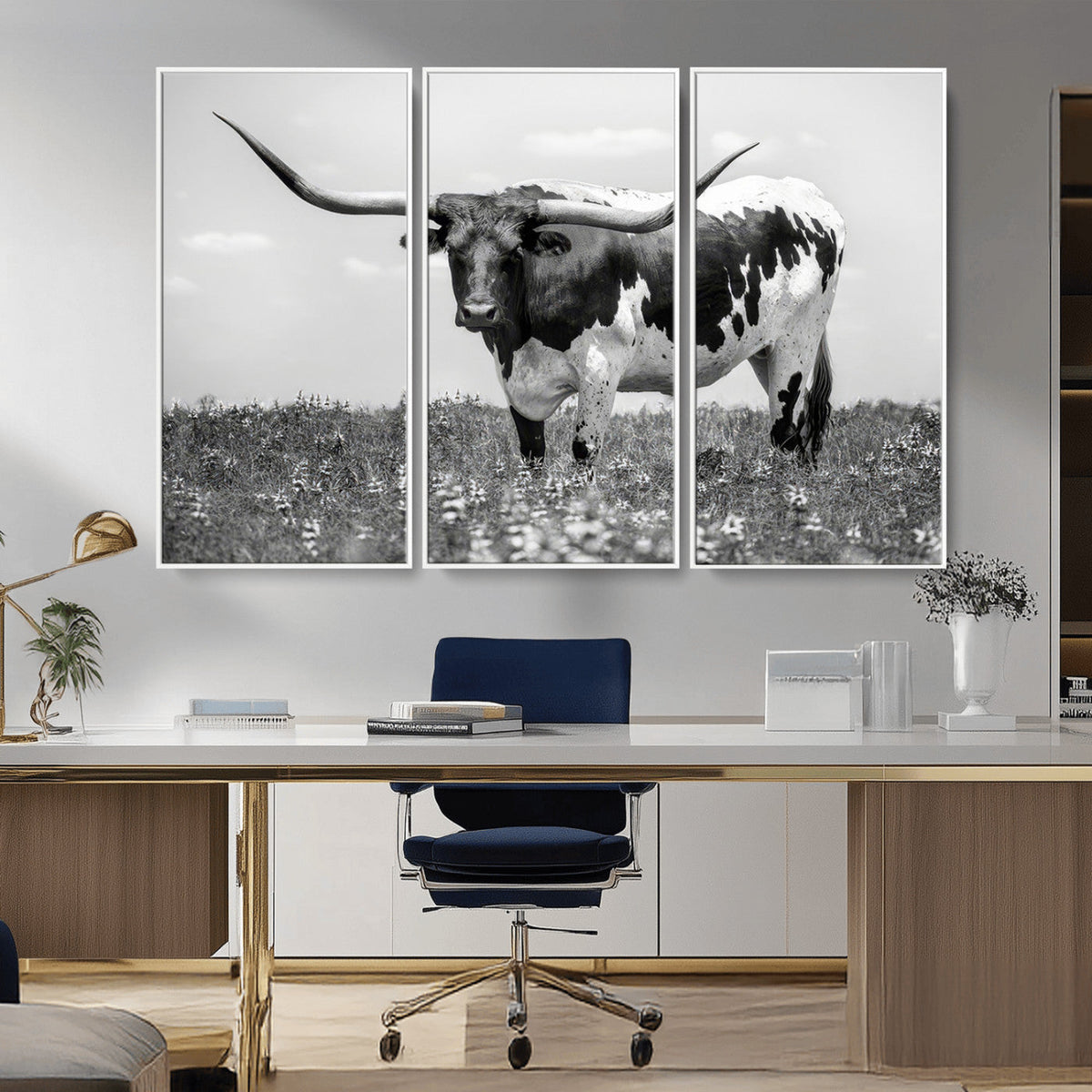 Texas Black White Highland Longhorn Cow Wall Art Canvas