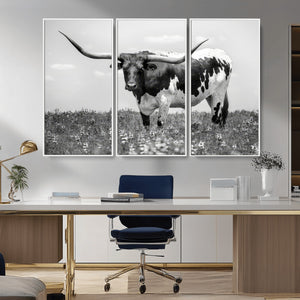 Texas Black White Highland Longhorn Cow Wall Art Canvas