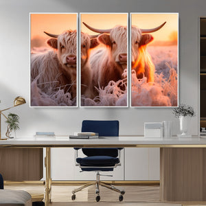 Highland Cows at Sunrise Wall Art Canvas Set – Serene and