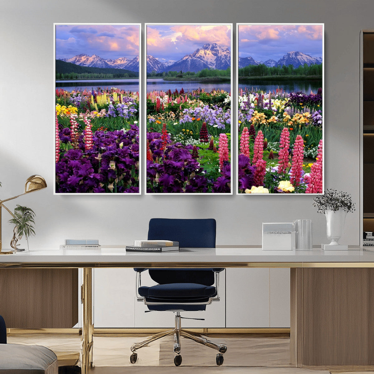 Vibrant Wildflower Garden and Mountain View Giclee Canvas