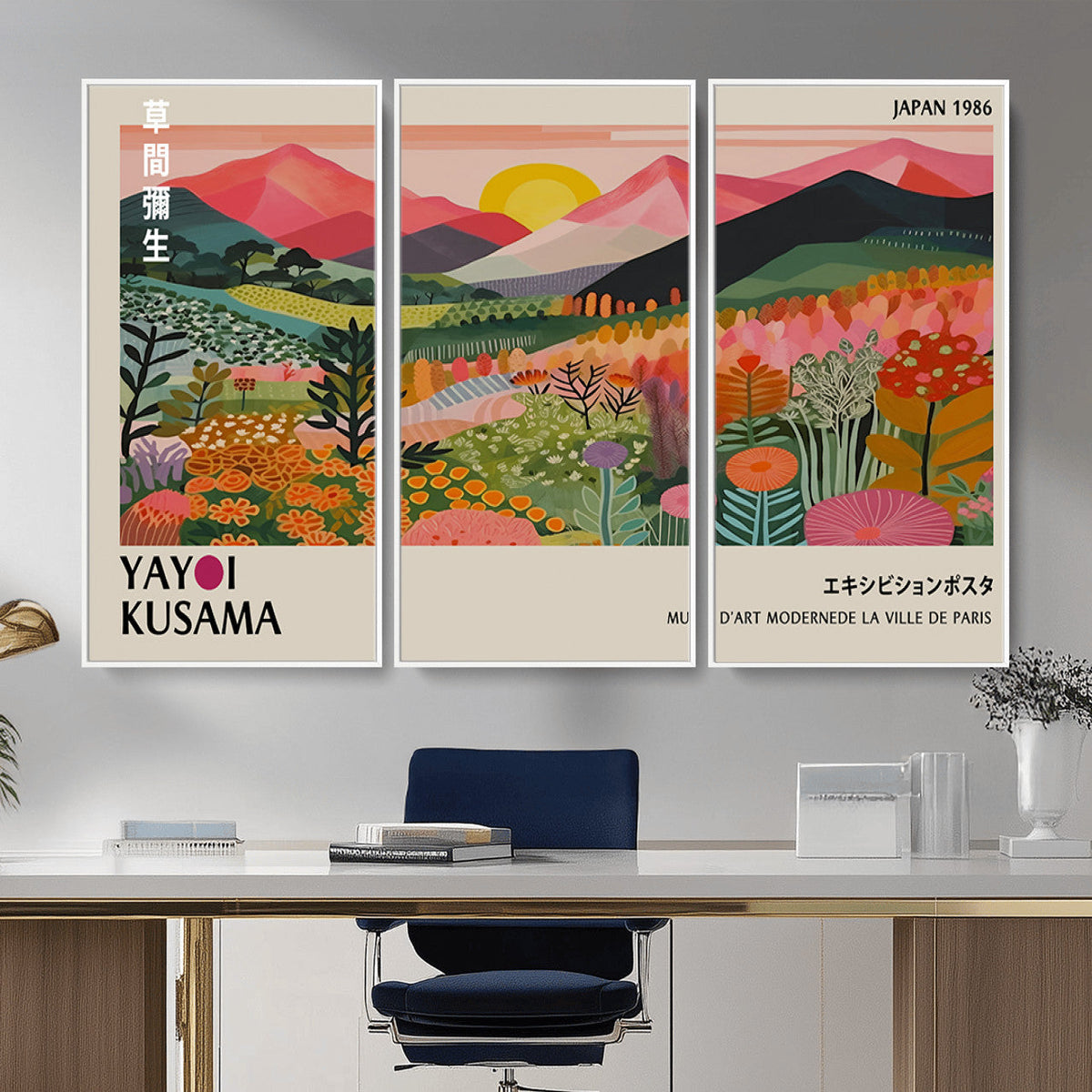 Yayoi Kusama Landscape Canvas Print, Vibrant Floral Mountain Art Print, Framed Botanical Wall Art -
