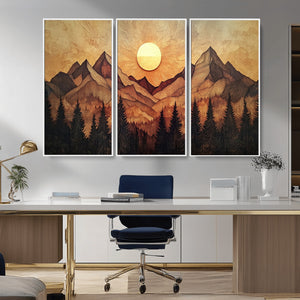 Wood Style Abstract Mountain Sunset Canvas Wall Art Print -