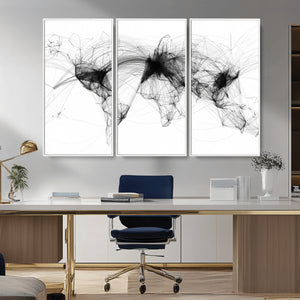 Abstract World Map Wall Art – Framed Geometric Line Canvas