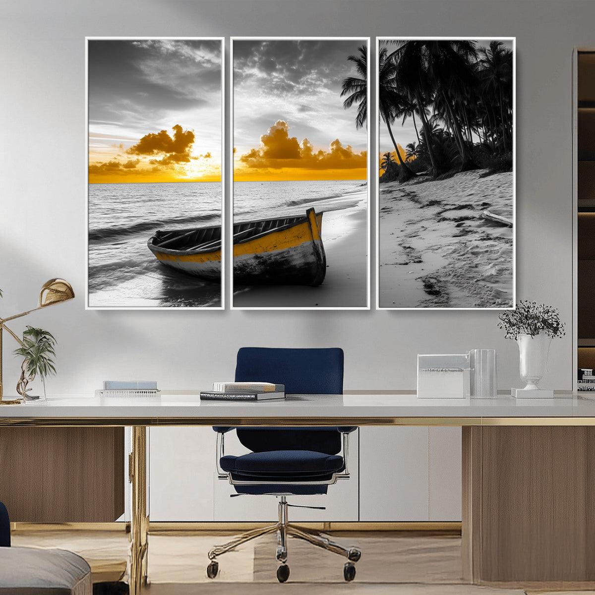 Yellow Rowboat Wall Art – Framed Tropical Shoreline Canvas