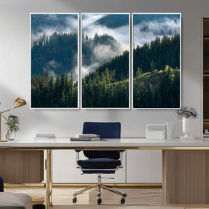 Misty Forest Wall Art Canvas Print, Serene Pine Hills and