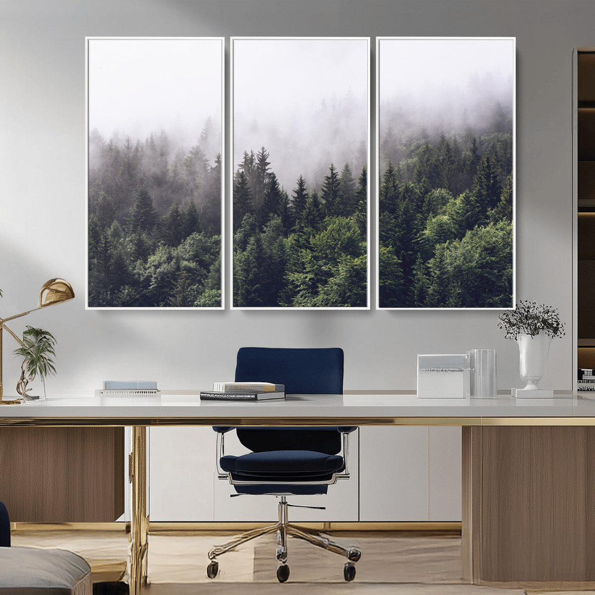 Misty Forest Wall Art Canvas Print, Serene Foggy Pines and