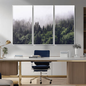 Misty Forest Wall Art Canvas Print, Serene Foggy Pines and