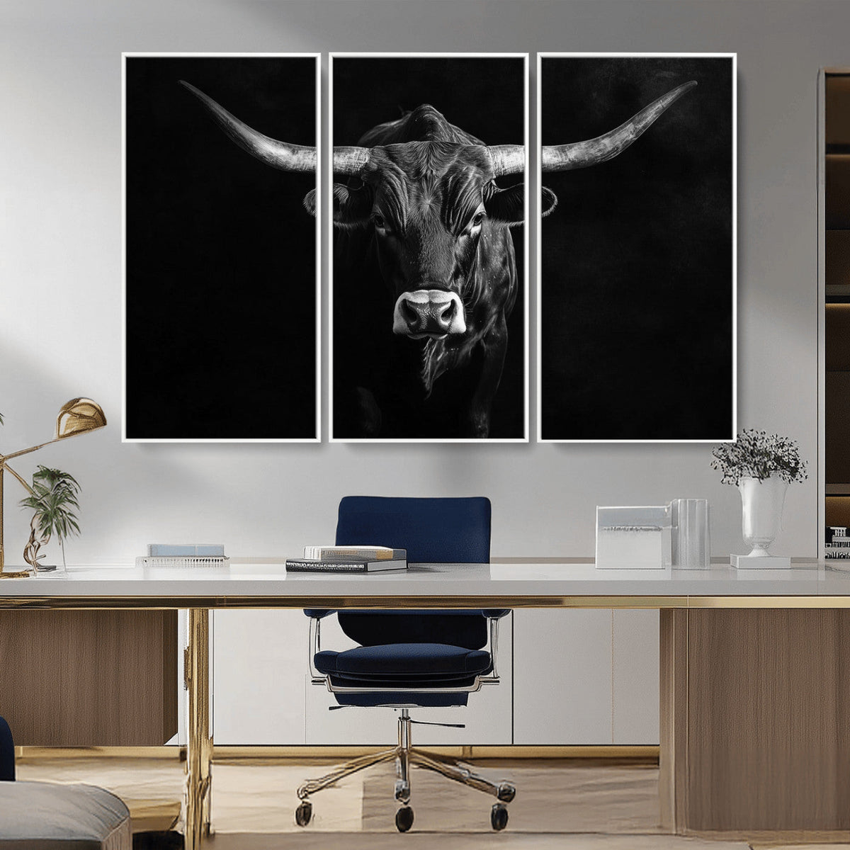 Texas Longhorn Wall Art Canvas Print – Framed Monochrome