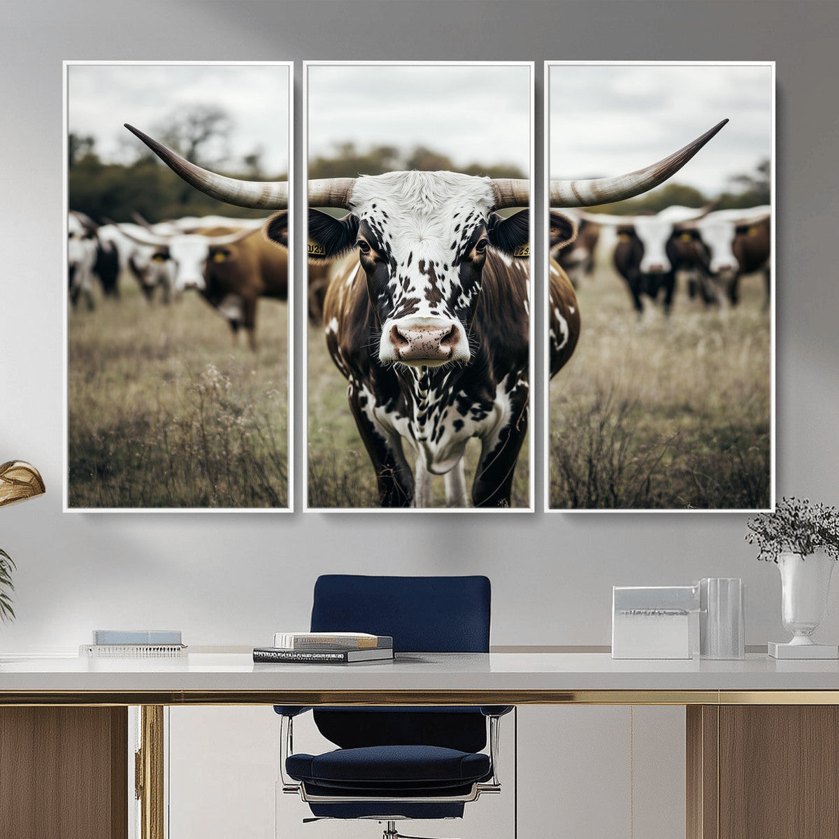 Texas Longhorn Wall Art – Framed Speckled Cow Canvas