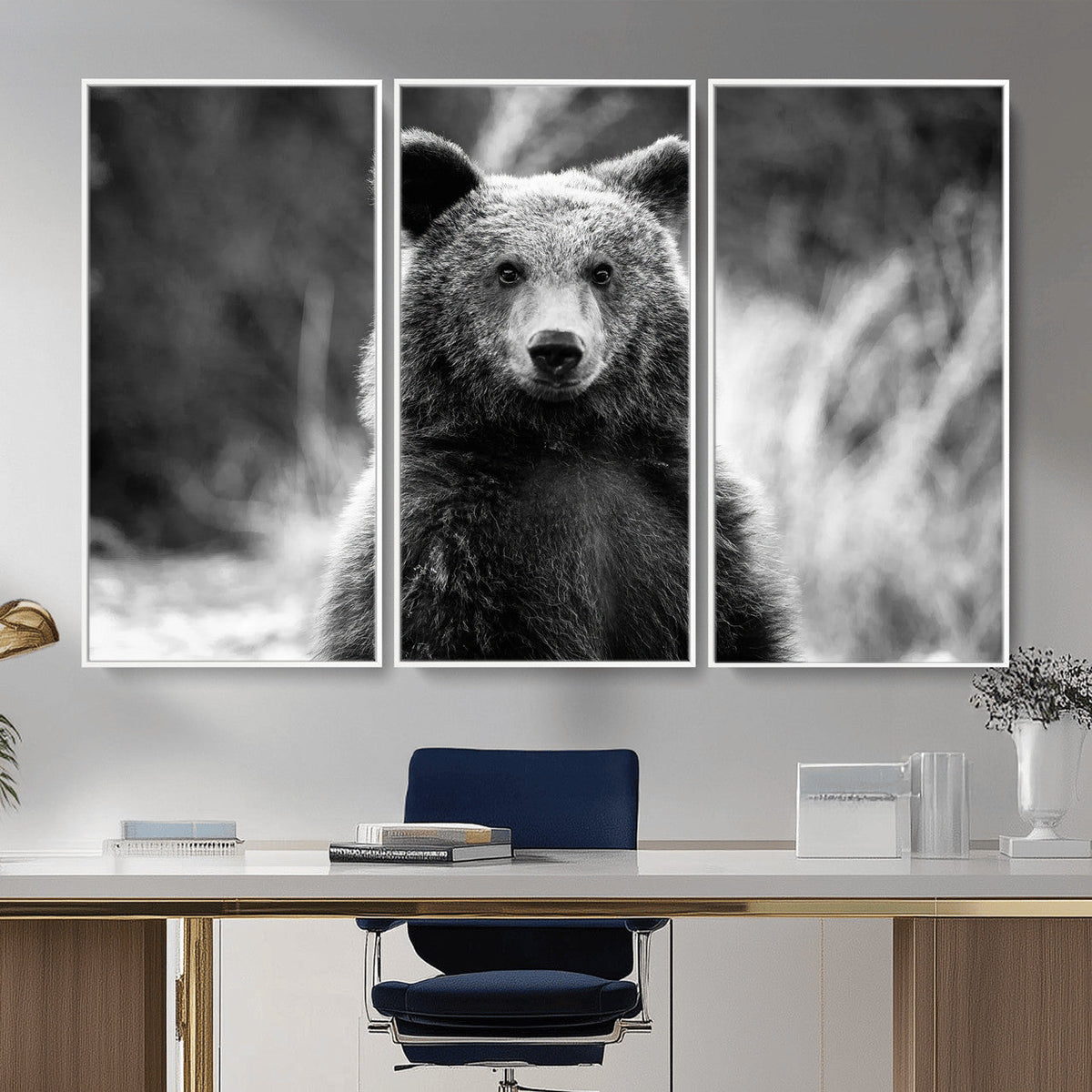 Grizzly Bear Wall Art Canvas Print – Framed Black White