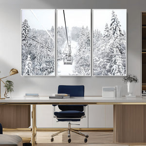 Snowy Ski Lift Wall Art – Framed Winter Mountain Canvas