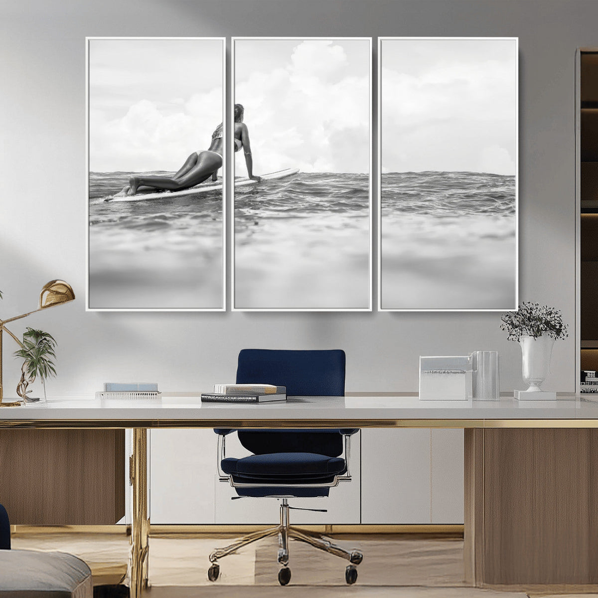 Black and White Surfing Wall Art Canvas Print – Framed Ocean