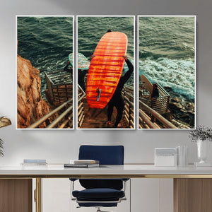 Surfer Stairway Wall Art – Framed Ocean Surf Canvas Artwork,