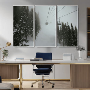 Ski Lift Wall Art Canvas Print – Snowy Pines Misty Landscape