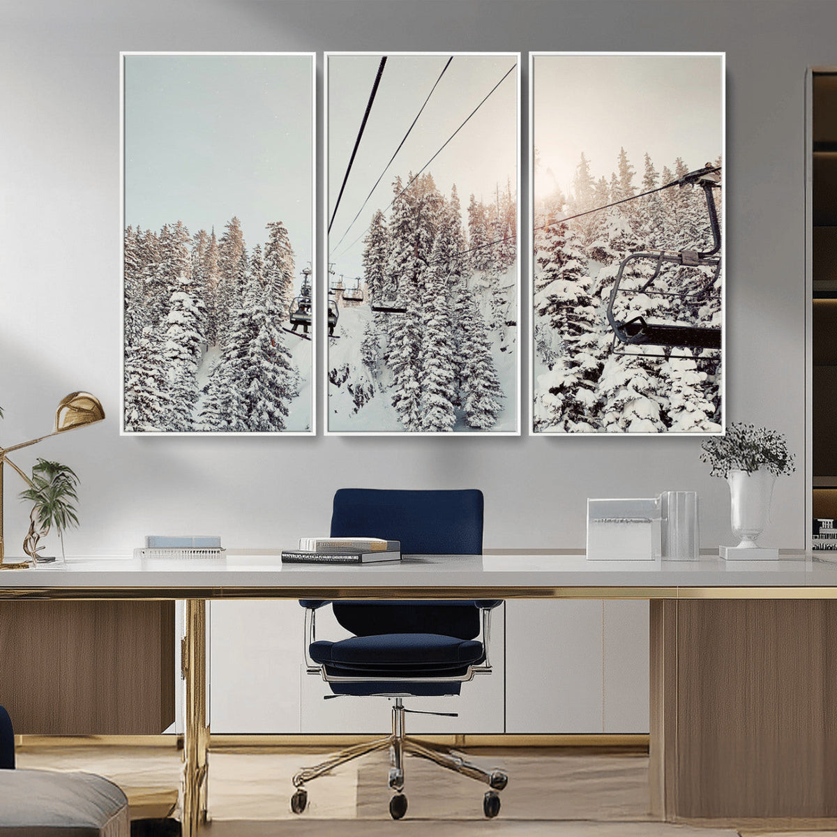 Frosty Pines Wall Art Canvas Print – Framed Cozy Cabin Ski