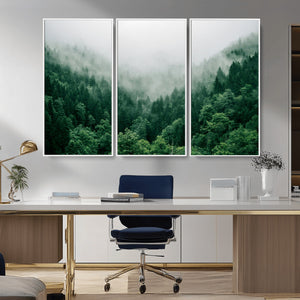 Misty Green Forest Canvas Print – Framed Serene Foggy Pine