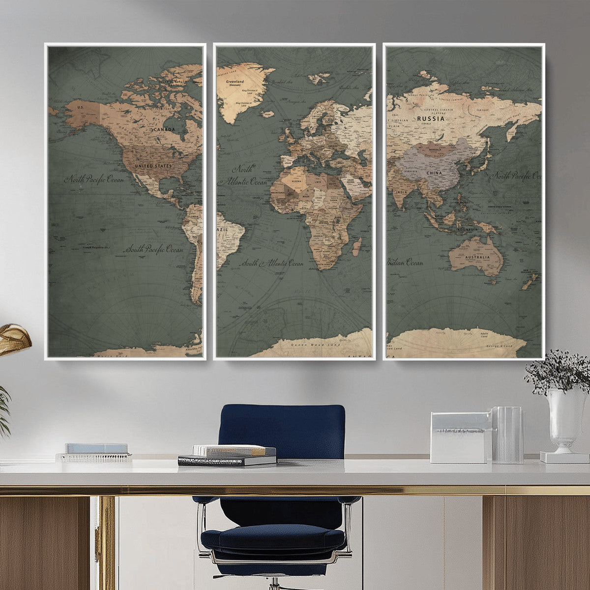 Rustic Black and Wood World Map Canvas Wall Art – Framed