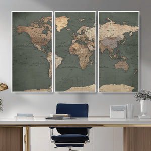 Rustic Black and Wood World Map Canvas Wall Art – Framed