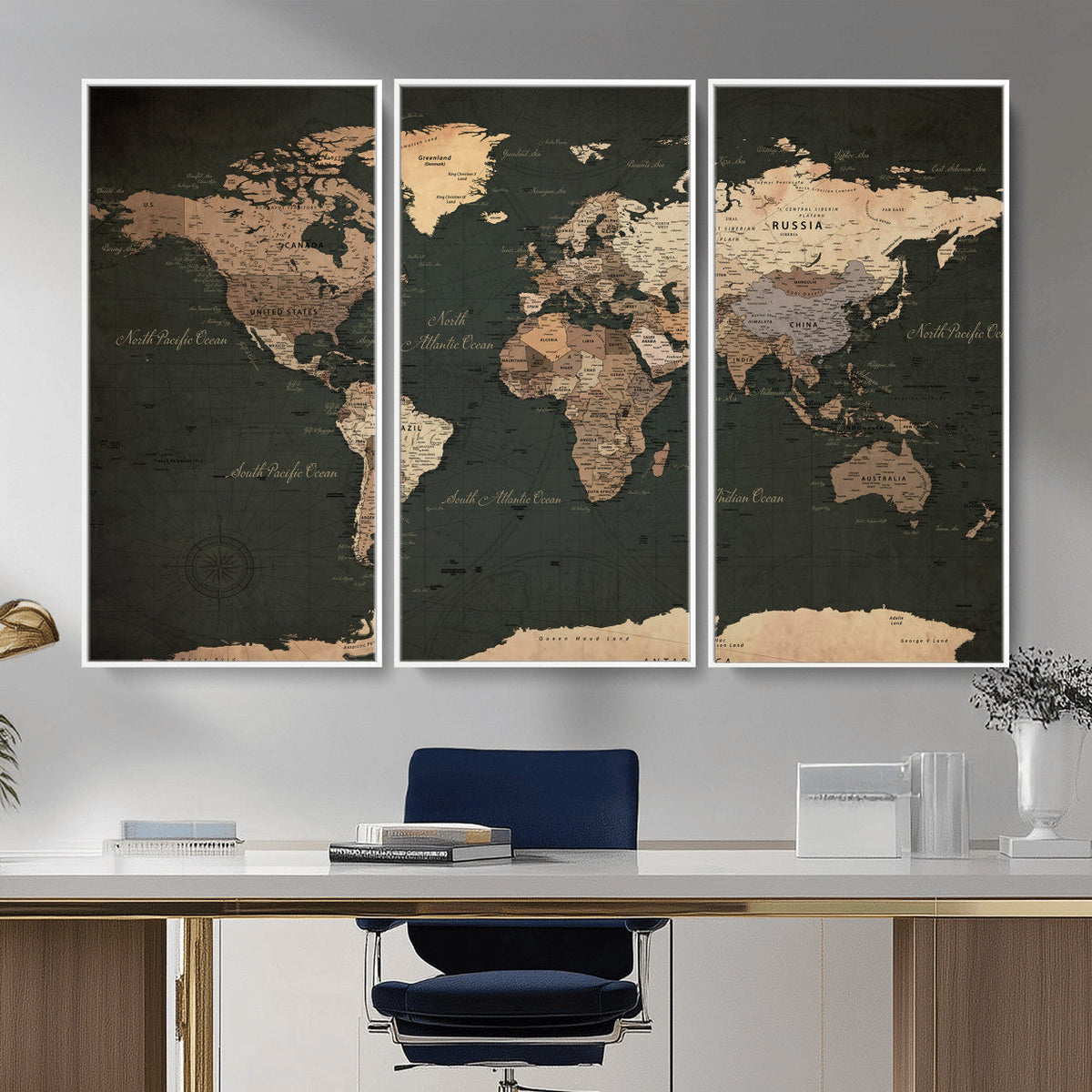 Vintage World Map Canvas Wall Art – Framed Travel Map for