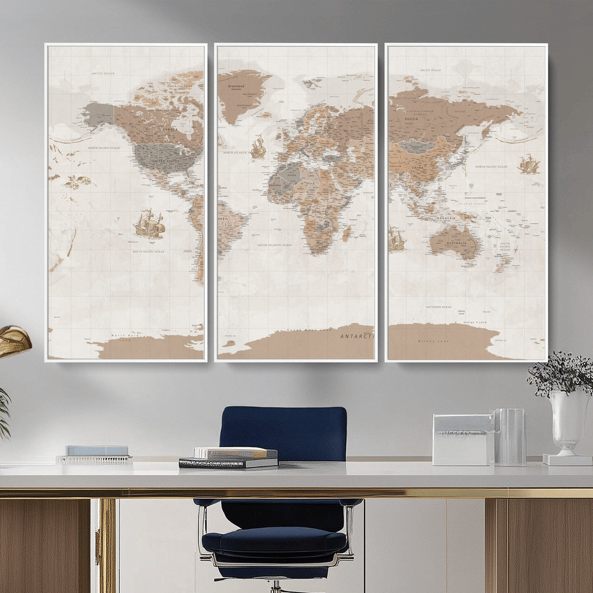 Framed Large World Map Canvas Print for Office Decor