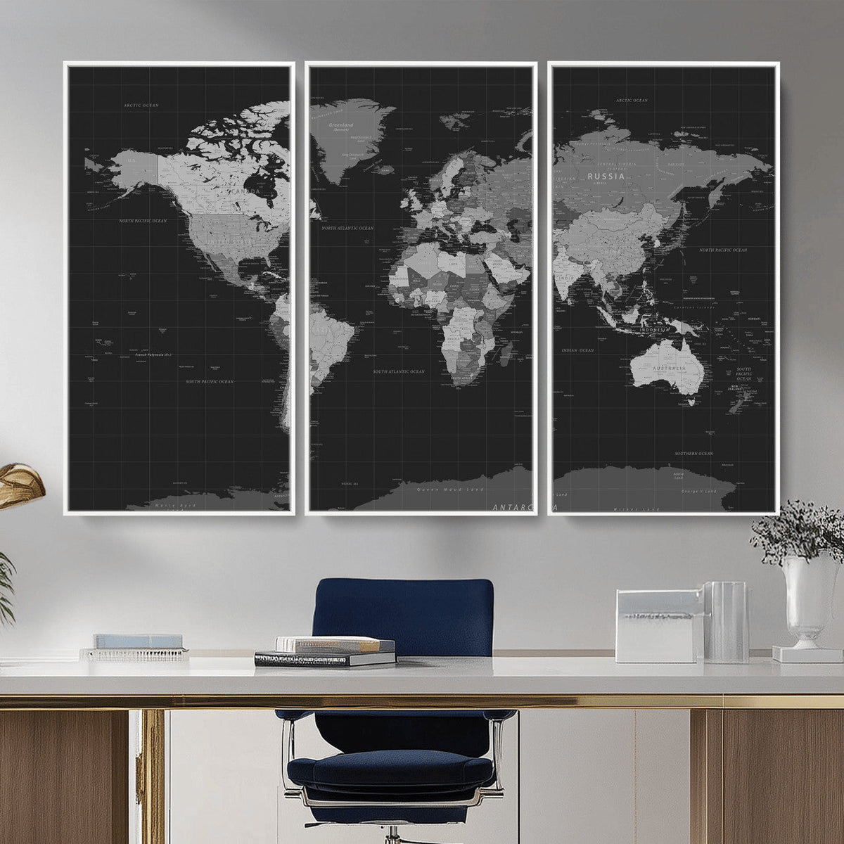 Black World Map Wall Art Canvas Print – Detailed Map of the