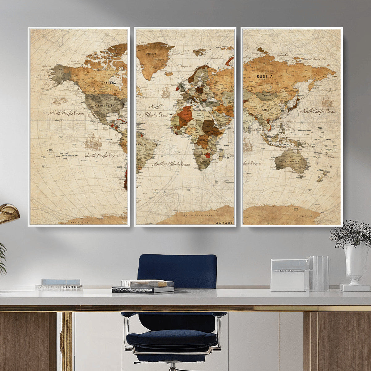 Rustic Vintage World Map Canvas Print – Framed Modern
