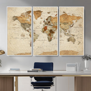 Rustic Vintage World Map Canvas Print – Framed Modern