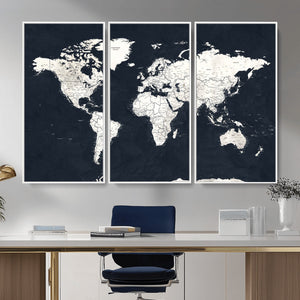 Black World Map Wall Art Canvas Print for Home Office and