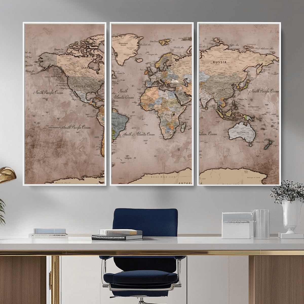 Grunge World Map Canvas Wall Art - Vintage Aged World Map
