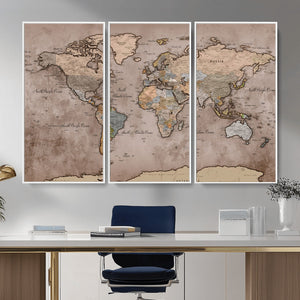 Grunge World Map Canvas Wall Art - Vintage Aged World Map