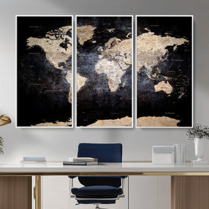 Grunge World Map Wall Art | 3-Panel Large Beige and Brown