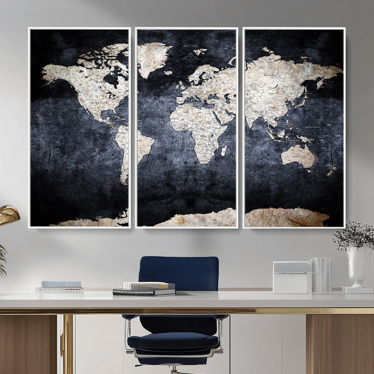 Vintage World Map Canvas Wall Art – Antique Triptych Map