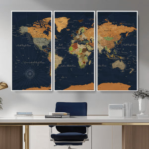 Modern World Map Canvas Print – Framed Detailed Map of the