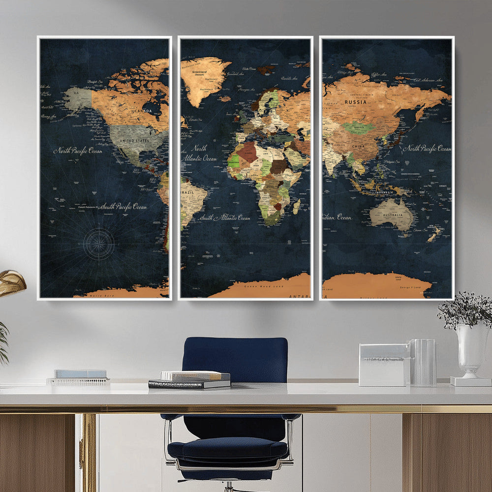 Vintage World Map Canvas Wall Art – Detailed Map with