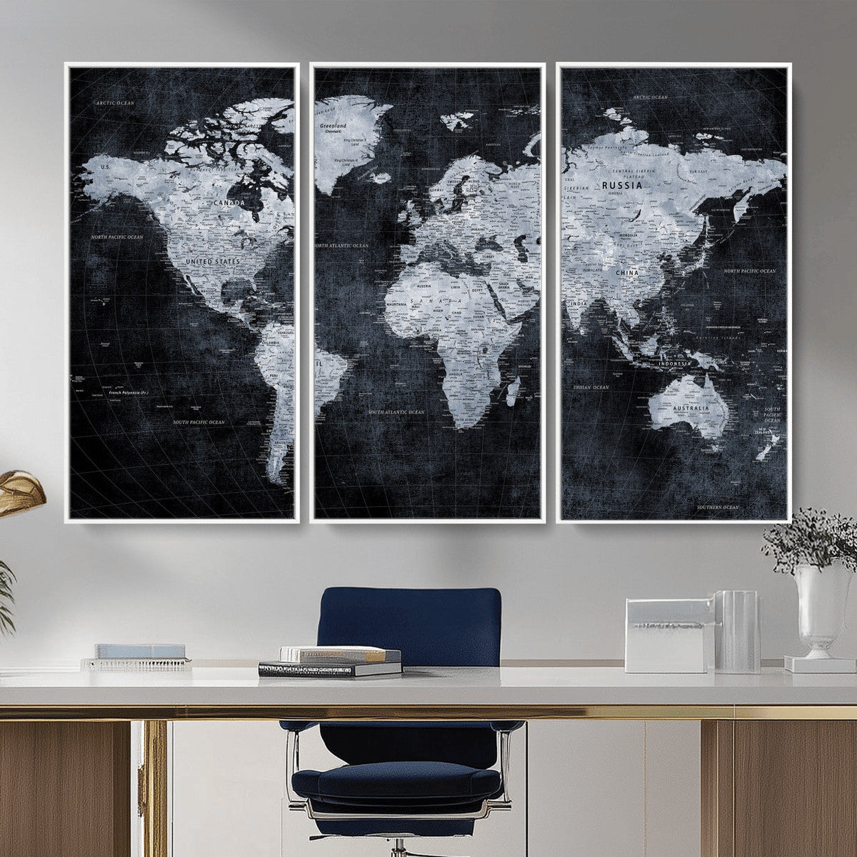 Black World Map Canvas Print – Detailed Map for Couples and