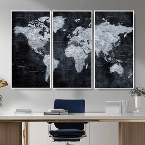 Black World Map Canvas Print – Detailed Map for Couples and