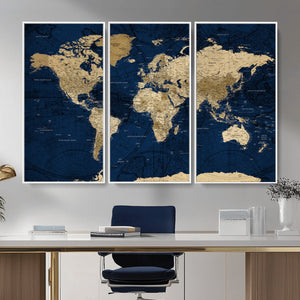 Navy Blue World Map Canvas Print – Detailed Map Minimal Navy
