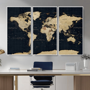 Dark World Map Canvas Wall Art Print, Minimal Black and Gold