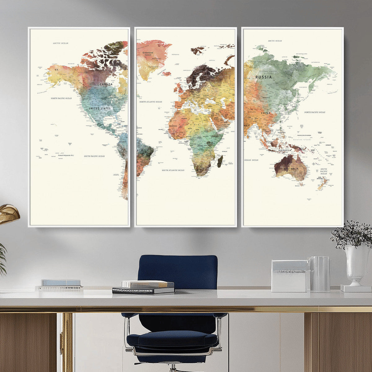 Framed World Map Wall Art Canvas Print for Living Room and