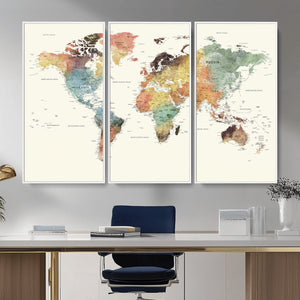 Framed World Map Wall Art Canvas Print for Living Room and